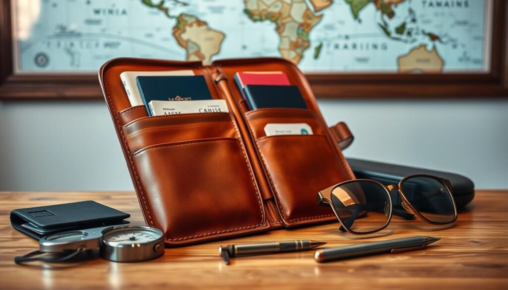 A neatly organized travel documents holder rests on a wooden table, its pockets filled with passports, boarding passes, and travel itineraries. The leather exterior catches the warm glow of a soft, diffused light, creating a cozy, inviting atmosphere. In the background, a world map hangs on the wall, hinting at the owner's adventurous spirit and wanderlust. Carefully placed alongside the documents holder are a set of travel essentials - a compass, a pen, and a pair of sturdy, weathered sunglasses, suggesting a well-prepared and experienced traveler. The overall composition conveys a sense of order, preparedness, and the excitement of an impending journey.
