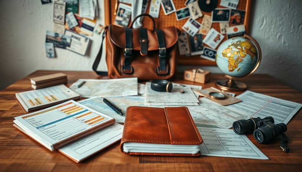 A neatly organized travel itinerary with color-coded schedules, maps, and checklists laid out on a wooden surface. In the foreground, a leather-bound journal, a set of stationery, and a pair of vintage binoculars create a sense of thoughtful planning. The middle ground features a well-worn leather satchel, a globe, and a compass, hinting at the upcoming journey. In the background, a wall-mounted corkboard displays printed tickets, postcards, and travel memorabilia, creating a collage of past and future adventures. The lighting is soft and warm, evoking a cozy, focused atmosphere, perfect for making the most of one's travel plans.