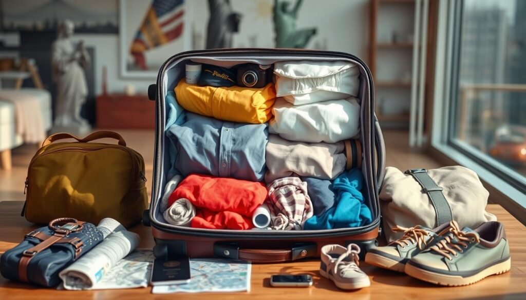A neatly packed suitcase sits in the center of the frame, its contents carefully organized and color-coordinated. The suitcase is open, revealing a meticulous arrangement of clothing, toiletries, and travel essentials. Surrounding the suitcase are various travel-related items, such as a passport, a map, a smartphone, and a pair of comfortable walking shoes. The scene is bathed in warm, natural lighting, creating a cozy and efficient atmosphere. The background is slightly blurred, with hints of iconic landmarks or cityscape, suggesting the versatility of the packing strategy for various travel destinations. The overall composition conveys a sense of organization, practicality, and preparedness, reflecting the "Packing Efficiently for Savings" theme.