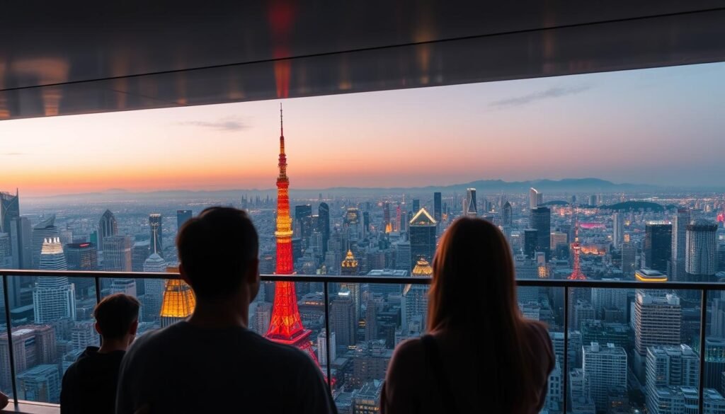 A panoramic view of Tokyo's iconic skyline, captured from a sleek, modern observation deck. The bustling city below is a harmonious blend of towering skyscrapers and historic landmarks, their silhouettes illuminated by the warm glow of the setting sun. In the foreground, visitors gaze out over the scene, their faces bathed in the soft, ambient lighting that permeates the space. The middle ground showcases the distinctive shapes of Tokyo's most recognizable buildings, including the Tokyo Tower and the iconic Skytree, standing tall against a backdrop of mountainous terrain. The overall atmosphere is one of tranquility and wonder, inviting the viewer to immerse themselves in the city's unique fusion of tradition and modernity.