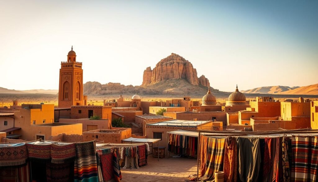 A panoramic view of a vibrant Berber village nestled in the heart of the Moroccan Sahara. In the foreground, intricate textiles and colorful, handwoven rugs spill out from open-air market stalls, their patterns reflecting the rich cultural heritage. Towering adobe dwellings and ornate, domed structures rise up in the middle ground, their ochre hues and intricate carvings casting long shadows in the warm, golden light. In the background, a towering, wind-sculpted sandstone formation juts up against a clear, azure sky, creating a dramatic and timeless backdrop for this scene of deep cultural immersion. The overall atmosphere evokes a sense of ancient traditions, human connection, and the timeless beauty of the Saharan landscape.