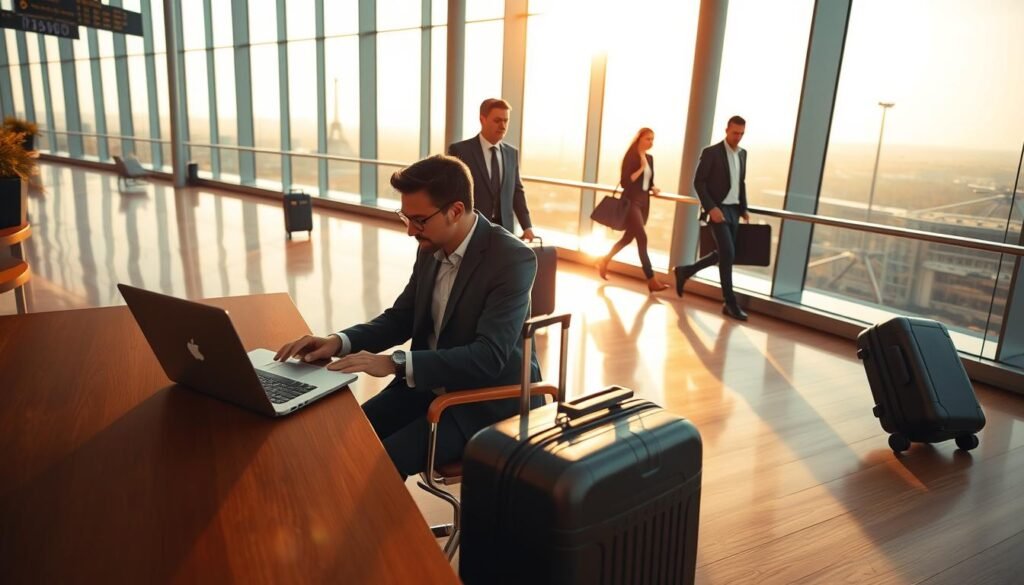 A peaceful airport lounge with floor-to-ceiling windows, bathed in warm, golden sunlight. In the foreground, a well-dressed traveler sits at a polished wooden desk, meticulously browsing through flight options on a sleek laptop. Nearby, a suitcase and a carry-on bag, neatly arranged, hint at an upcoming adventure. In the middle ground, fellow passengers stride purposefully through the terminal, their smart casual attire and purposeful gaits conveying a sense of eager anticipation. In the background, the distant silhouettes of iconic landmarks, such as the Eiffel Tower or the Statue of Liberty, suggest the allure of faraway destinations. The overall mood is one of calm efficiency and excitement, capturing the essence of booking flights and accommodations for the perfect getaway.