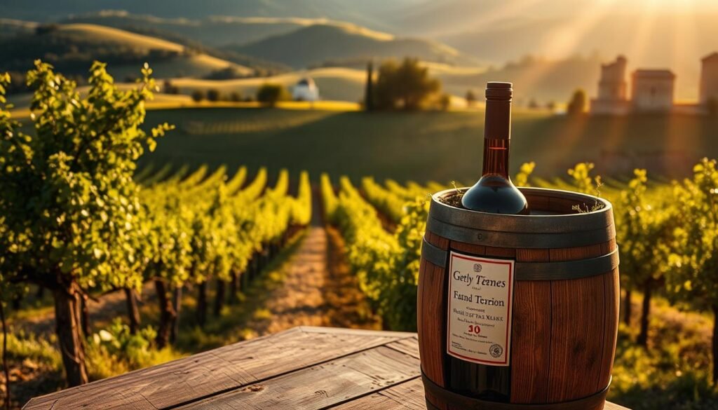 A picturesque Campanian vineyard, the sun's golden rays casting a warm glow over the lush, verdant vines. In the foreground, a wooden cask of rich, ruby-hued wine sits atop a weathered table, its label showcasing the region's renowned terroir. Behind it, a rolling landscape of rolling hills and ancient stone structures, hinting at the area's centuries-old winemaking traditions. The scene is imbued with a sense of timeless elegance, capturing the essence of the "Wine and Spirits of the Region" that make this corner of Italy a true culinary and vinicultural paradise.