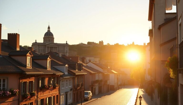 A picturesque European cityscape, bathed in the warm glow of the setting sun. In the foreground, a quaint cobblestone street lined with charming buildings, their facades adorned with intricate architectural details and flower-filled window boxes. The middle ground features a grand, historic monument, its spires and domes casting long shadows across the scene. In the distance, a rolling hillside dotted with lush greenery and the silhouettes of ancient ruins, hinting at the layers of history woven into the landscape. The mood is one of serene wonder, inviting the viewer to explore the hidden gems and unexpected delights that lie within this captivating European city.