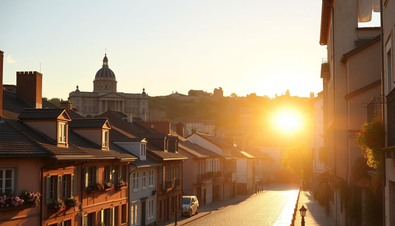 A picturesque European cityscape, bathed in the warm glow of the setting sun. In the foreground, a quaint cobblestone street lined with charming buildings, their facades adorned with intricate architectural details and flower-filled window boxes. The middle ground features a grand, historic monument, its spires and domes casting long shadows across the scene. In the distance, a rolling hillside dotted with lush greenery and the silhouettes of ancient ruins, hinting at the layers of history woven into the landscape. The mood is one of serene wonder, inviting the viewer to explore the hidden gems and unexpected delights that lie within this captivating European city.