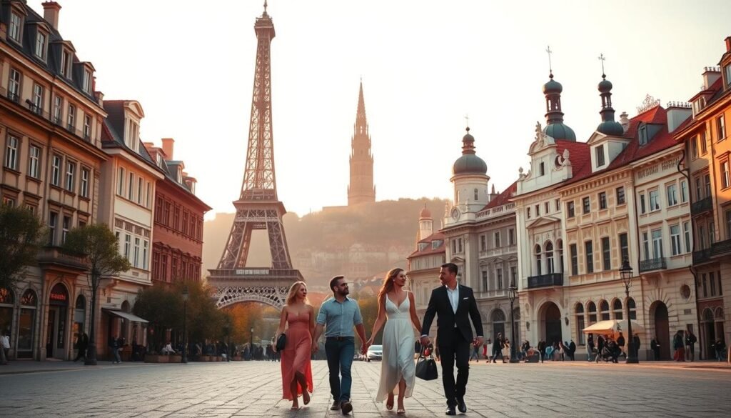 A picturesque European cityscape, with five iconic landmarks side-by-side, each radiating a distinct charm. In the foreground, couples stroll hand-in-hand, adorned in elegant attire, capturing the essence of romance. The middle ground showcases the architectural marvels, from the timeless grandeur of Paris' Eiffel Tower to the whimsical spires of Prague's Old Town. The background bathes in a warm, golden light, creating a dreamlike atmosphere. Subtle differences in building styles, colors, and local customs accentuate the unique character of each destination, inviting the viewer to explore the hidden gems of Europe's most captivating romantic cities.