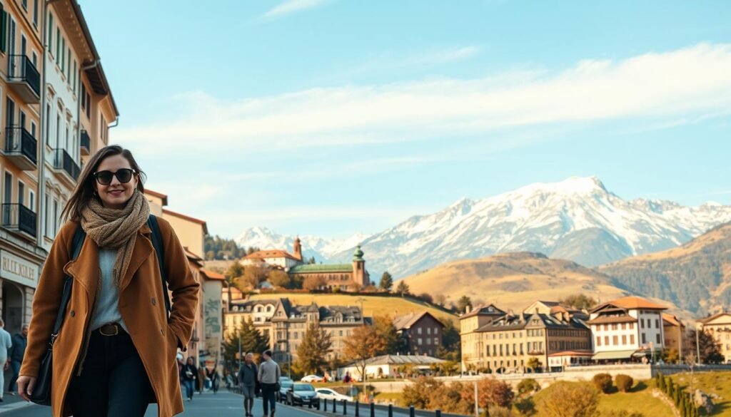 A picturesque European landscape showcasing diverse solo travel destinations. In the foreground, a well-dressed traveler strides confidently through a bustling city street, admiring the iconic architecture and vibrant street life. The middle ground features rolling hills dotted with charming villages, their historic landmarks and quaint cafes beckoning exploration. In the background, majestic snow-capped mountains rise against a warm, golden-hued sky, creating a serene and aspirational atmosphere. The overall scene is bathed in soft, natural lighting, captured through a wide-angle lens to convey a sense of grandeur and wanderlust. Warm tones of ochre, sage, and azure evoke the timeless allure of European travel.