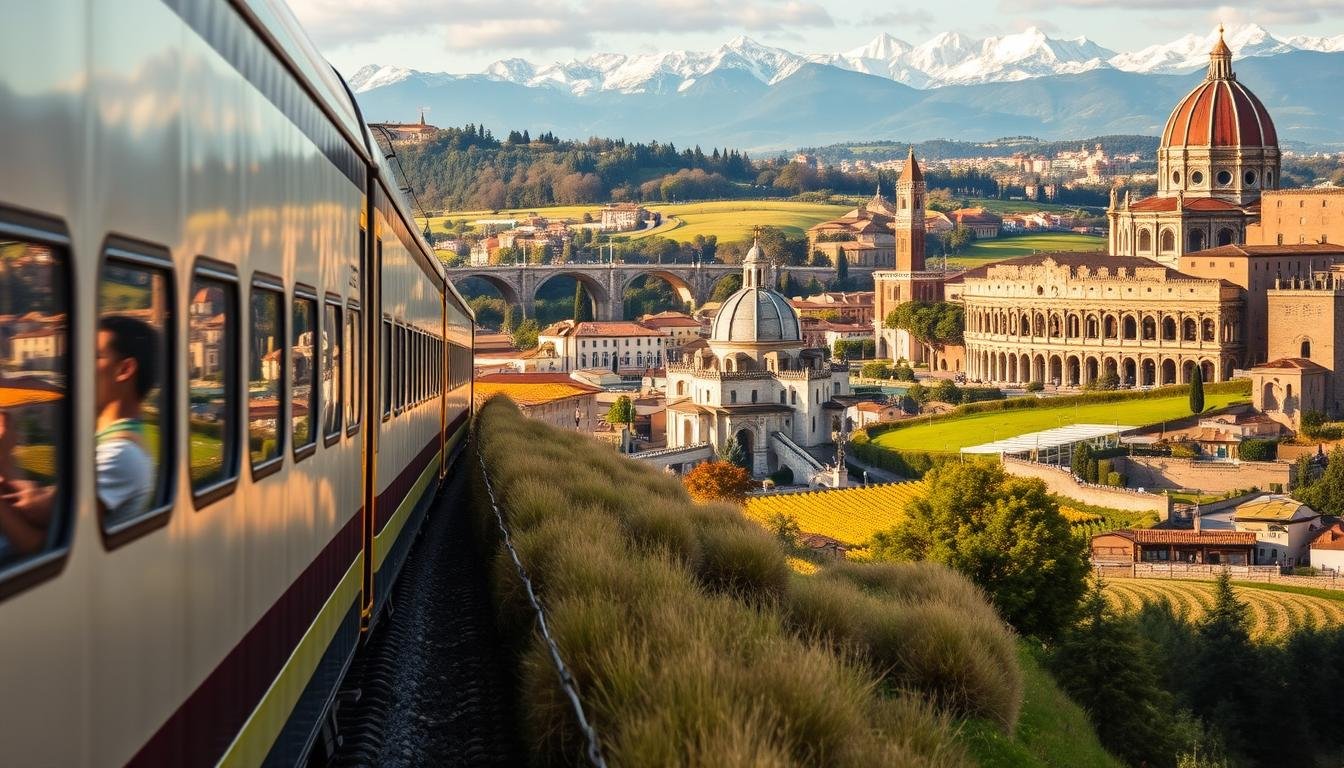 A picturesque Italian train journey through the heart of the country, capturing the essence of the "City-Hopping in Italy by Train: Florence, Venice & Rome" experience. In the foreground, a sleek, high-speed train glides through rolling hills, with passengers peering out of the windows, admiring the passing landscapes. The middle ground features iconic Italian landmarks, such as the Duomo in Florence, the Rialto Bridge in Venice, and the Colosseum in Rome, reflecting the diverse destinations along the route. The background is a panoramic vista of the Italian countryside, with lush vineyards, charming villages, and snow-capped peaks in the distance. The scene is bathed in warm, golden light, conveying a sense of adventure and excitement, as travelers embark on their city-hopping journey across Italy.