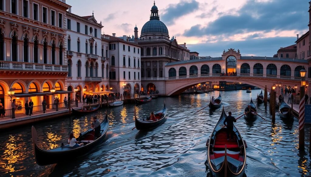 A picturesque canal in the heart of Venice, Italy, illuminated by the warm glow of the setting sun. Gondolas glide effortlessly along the water, their passengers wrapped in a romantic embrace. Grandiose, historic buildings line the banks, their reflections dancing across the serene surface. Ornate bridges arch gracefully over the canal, inviting couples to stroll hand-in-hand. The air is filled with the aroma of freshly brewed coffee and the sound of gentle laughter. A timeless, fairytale-like atmosphere permeates the scene, creating a truly enchanting and intimate setting for lovers to explore.
