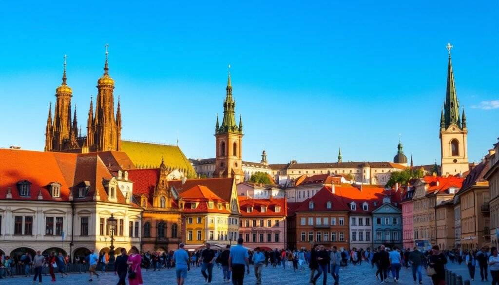 A picturesque cityscape of Prague, the capital of the Czech Republic, with its iconic spires and towers of the historic Old Town against a backdrop of a clear, azure sky. The golden roofs of the buildings glisten in the warm, diffused sunlight, casting soft shadows on the cobblestone streets below. In the foreground, pedestrians in casual, colorful attire stroll leisurely, capturing the relaxed, laidback atmosphere of this budget-friendly destination. The ornate architecture, from the Gothic-style St. Vitus Cathedral to the Baroque-influenced buildings, creates a fairytale-like ambiance, inviting the viewer to explore the rich cultural heritage and vibrant energy of this charming European city.