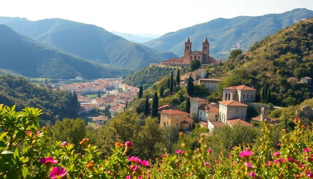 A picturesque landscape of Valldemossa, Spain unfolds before the viewer. In the foreground, lush greenery and vibrant flora dot the rolling hills, creating a serene and tranquil atmosphere. The middle ground reveals the charming town nestled between the verdant mountains, its whitewashed buildings and terracotta roofs gleaming under the warm Mediterranean sun. In the background, the imposing Carthusian monastery stands tall, its grand architecture and historic presence evoking a sense of timeless elegance. The scene is bathed in a soft, golden light, casting gentle shadows and highlighting the intricate details of the architecture and natural elements. This enchanting tableau captures the essence of Valldemossa's enchanting beauty, inviting the viewer to step into its captivating world.