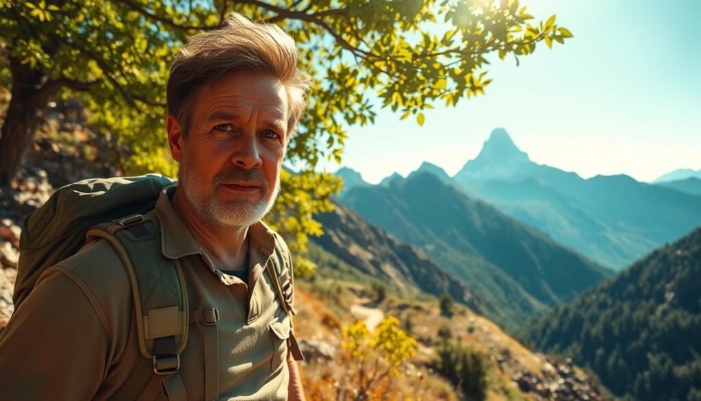 A picturesque landscape of rugged mountains, with a lone hiker trekking along a winding trail. The hiker's backpack is worn, a testament to their adventures. Dappled sunlight filters through the canopy of lush, verdant trees, casting a warm, golden glow. In the distance, a towering peak pierces the azure sky, a reminder of the grandeur of nature. The hiker's weathered face reflects a sense of peaceful contemplation, capturing the essence of the backpacking experience. The scene is framed by the soft, earthy tones of the surrounding environment, creating a sense of harmony and connection with the natural world.