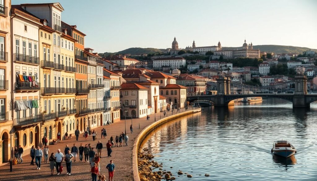 A picturesque riverfront scene in Porto's historic Ribeira neighborhood, bathed in warm afternoon light. Charming pastel-colored buildings line the Douro River, their weathered facades reflecting in the calm waters. Locals and tourists mingle on the cobblestone streets, enjoying the vibrant atmosphere and traditional Portuguese architecture. In the foreground, colorful laundry hangs from balconies, adding a touch of character. The middle ground features iconic monuments like the Dom Luis I Bridge, while the background showcases the rolling hills and historic landmarks that make Porto such a captivating destination. Capture the essence of this underrated European gem with a cinematic, wide-angle perspective that conveys the timeless allure of this charming neighborhood.