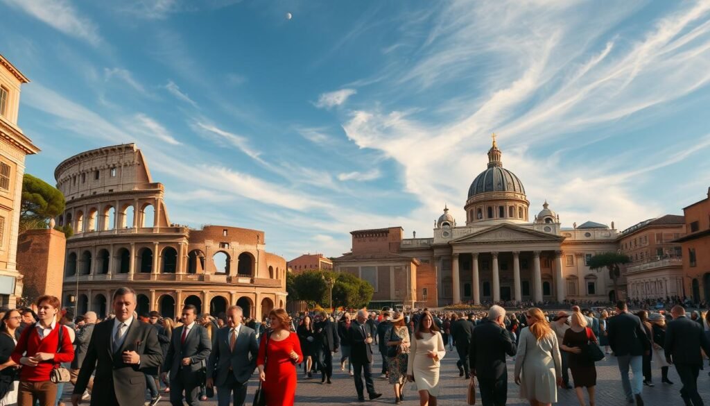 A picturesque scene of Rome's cultural highlights, captured in a cinematic wide-angle view. In the foreground, well-dressed locals stroll through a bustling piazza, immersed in lively conversations and traditional gestures. The mid-ground features the iconic Colosseum, its ancient grandeur bathed in warm, golden-hour light. In the background, the towering domes and spires of St. Peter's Basilica and the Roman Forum rise majestically, framed by a vibrant blue sky with wispy clouds. The overall atmosphere exudes a sense of timeless elegance, inviting the viewer to experience the rich cultural etiquette that defines the eternal city of Rome.