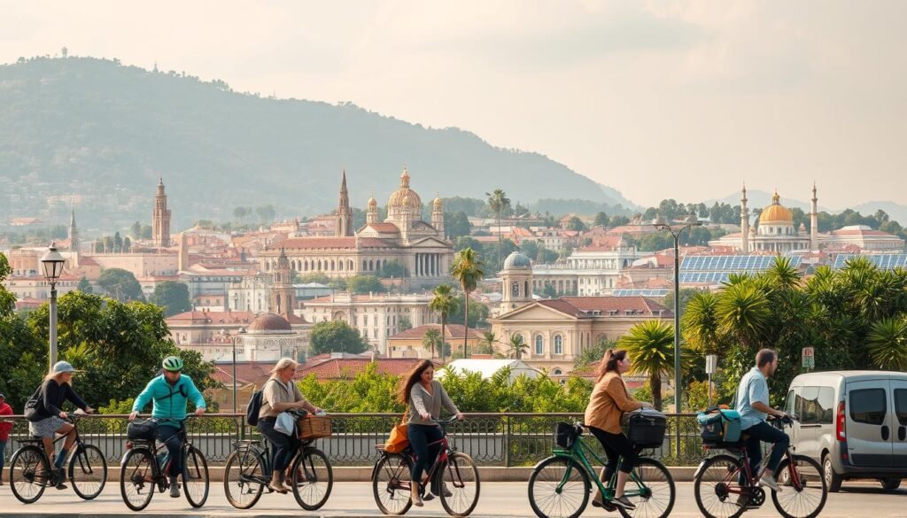 A picturesque scene of sustainable travel practices unfolds. In the foreground, a group of eco-conscious travelers explore a bustling city, opting for eco-friendly transportation like bicycles and electric vehicles. The middle ground features local landmarks and historic monuments, blending harmoniously with the surrounding natural environment. In the background, lush greenery and renewable energy sources, like solar panels, create a sense of balance and sustainability. The warm, earthy tones and soft, diffused lighting evoke a peaceful, contemplative atmosphere, encouraging viewers to consider their own travel habits and their impact on the world. The overall composition conveys a vision of responsible, mindful exploration that respects both the local culture and the planet.