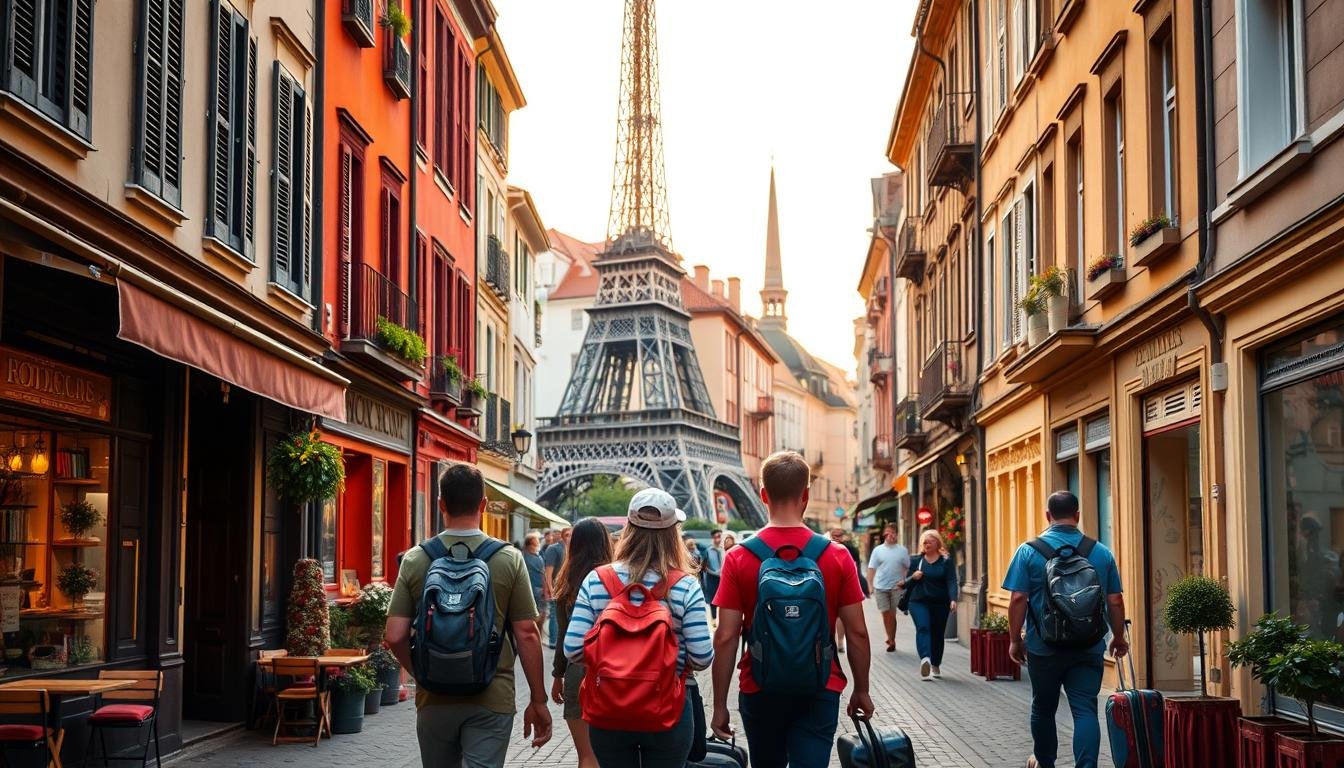 A quaint street in a charming European city, with colorful buildings, cozy cafes, and locals going about their daily lives. In the foreground, a group of young travelers carrying backpacks and suitcases, exploring affordable accommodation options like hostels and Airbnbs. The middle ground features iconic landmarks like the Eiffel Tower or the Statue of Liberty, hinting at the high-priced nature of these famous destinations. The background is warm and inviting, with a soft, golden-hour glow illuminating the scene. The overall mood is one of discovery, budget-friendly exploration, and the thrill of experiencing a new city on a shoestring.
