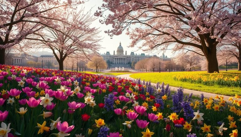 A radiant spring landscape bursting with vibrant blooms. In the foreground, a lush carpet of colorful flowers - tulips, daffodils, and cherry blossoms in shades of pink, purple, and yellow. In the middle ground, a winding path framed by delicate cherry trees in full bloom, their petals swirling gently in a warm breeze. In the background, a historic cityscape with elegant architecture and monuments, bathed in golden afternoon light. The scene exudes a sense of renewal, joy, and the beauty of nature in springtime.