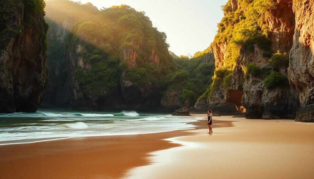 A remote, untouched beach with gently lapping waves and soft, golden sand. Towering cliffs frame the scene, their rugged faces casting dramatic shadows. Vibrant green foliage cascades down the cliffs, creating a lush, natural backdrop. The warm, golden light of the setting sun bathes the entire landscape in a serene, ethereal glow. A lone figure, dressed in simple, casual attire, stands at the water's edge, taking in the breathtaking view. The atmosphere is one of tranquility and wonder, inviting the viewer to escape the hustle and bustle of everyday life and immerse themselves in the untamed beauty of this hidden gem.