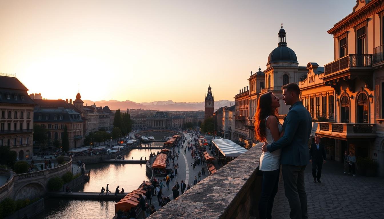 A romantic city skyline at sunset, with warm golden light casting a soft glow over iconic landmarks and couples strolling hand-in-hand along cobblestone streets. In the foreground, a pair of lovers gazing into each other's eyes on a stone bridge overlooking a picturesque canal, their silhouettes framed by ornate architecture and lush foliage. In the middle ground, a bustling plaza filled with outdoor cafes, locals and tourists mingling amidst colorful umbrellas and string lights. In the background, a hazy horizon of snow-capped mountains or rolling hills, adding to the sense of tranquility and escape. The overall mood is one of timeless elegance, intimacy, and joie de vivre.
