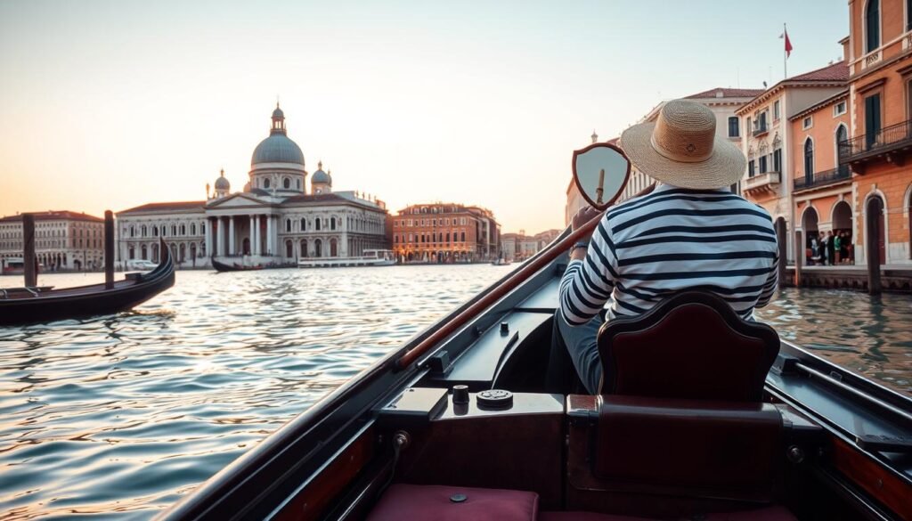 A romantic gondola glides along the tranquil waters of the Venetian canals, its elegant wooden structure and plush velvet seats complementing the timeless architecture of the city. The gondolier, dressed in a striped shirt and straw hat, skillfully navigates the waterways, his oar dipping gracefully into the mirror-like surface. In the background, the iconic domes and spires of St. Mark's Basilica and the Doge's Palace rise up, bathed in the warm, golden light of the setting sun. The scene is infused with a sense of timeless charm and enchantment, capturing the essence of Venice's enduring love story.