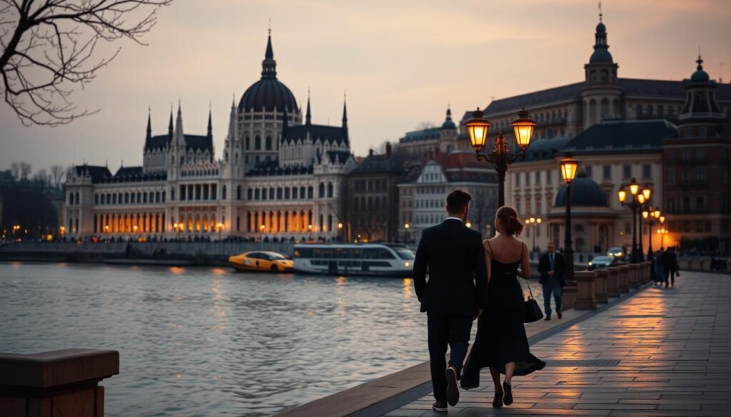 A romantic stroll through the timeless streets of Budapest, the Danube River gently flowing beside historic landmarks. In the foreground, a couple dressed in elegant attire pause to admire the captivating architecture, their figures silhouetted against the warm glow of streetlamps. The middle ground showcases the iconic Hungarian Parliament Building, its intricate neo-Gothic spires and domes reflecting in the calm waters. In the background, the Buda Castle Hill and its renowned Fisherman's Bastion stand as sentinels, their timeless beauty evoking a sense of wonder and history. The scene is bathed in a soft, golden light, creating an atmosphere of enchantment and timeless romance.