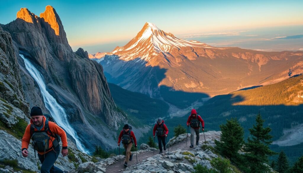 A rugged, adventure-filled landscape with towering mountains, cascading waterfalls, and treacherous hiking trails. In the foreground, a group of thrill-seeking explorers, clad in sturdy hiking gear, traverse a winding path, their faces etched with determination. In the middle ground, a majestic peak rises, its snow-capped summit reflecting the warm, golden light of the sun. In the background, a vast, untamed wilderness stretches out, with dense forests and mysterious, unexplored terrain. The scene is infused with a sense of excitement and discovery, inviting the viewer to embark on an unforgettable adventure.
