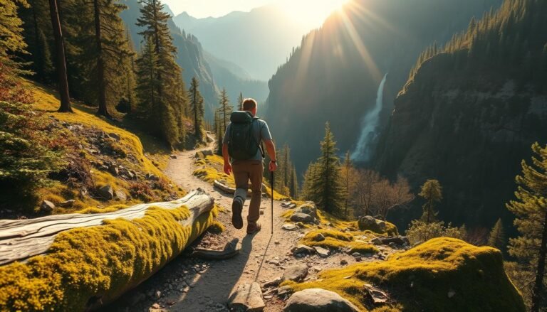 A rugged hiker traverses a winding mountain trail, surrounded by towering peaks and lush, verdant forests. The warm afternoon sun filters through the canopy, casting a golden glow over the scene. In the foreground, fallen logs and mossy rocks dot the path, inviting the explorer to slow down and soak in the tranquility of the wilderness. A distant waterfall cascades over the edge of a cliff, its gentle roar adding to the serene ambiance. The hiker's backpack and hiking boots suggest a journey of discovery, a chance to immerse oneself in nature's grandeur. This backpacking adventure captures the essence of the great outdoors, inspiring a sense of adventure and a deep appreciation for the beauty of the natural world.