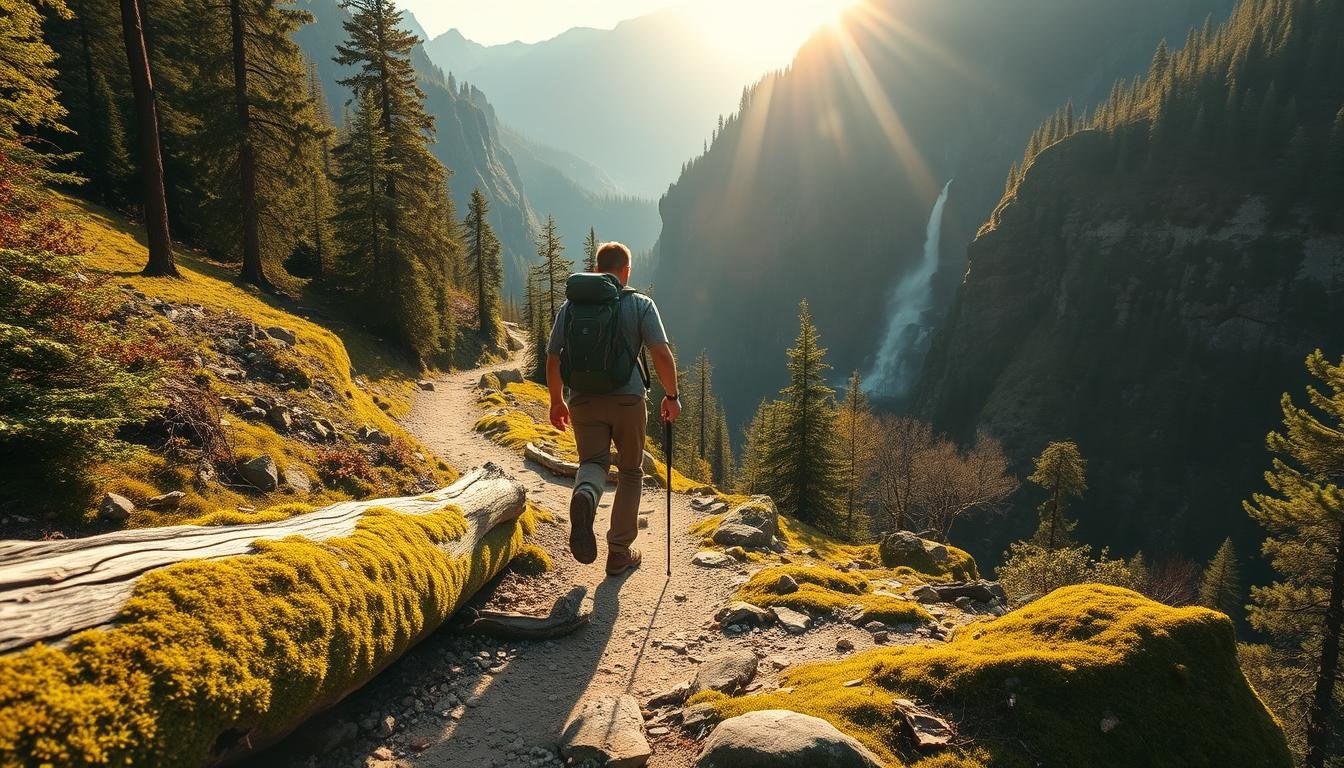 A rugged hiker traverses a winding mountain trail, surrounded by towering peaks and lush, verdant forests. The warm afternoon sun filters through the canopy, casting a golden glow over the scene. In the foreground, fallen logs and mossy rocks dot the path, inviting the explorer to slow down and soak in the tranquility of the wilderness. A distant waterfall cascades over the edge of a cliff, its gentle roar adding to the serene ambiance. The hiker's backpack and hiking boots suggest a journey of discovery, a chance to immerse oneself in nature's grandeur. This backpacking adventure captures the essence of the great outdoors, inspiring a sense of adventure and a deep appreciation for the beauty of the natural world.