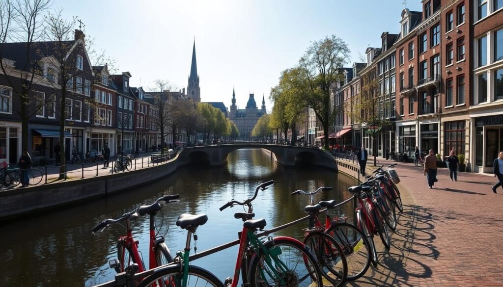 A serene Amsterdam canal walk, with quaint houses, bridges, and cobblestone paths lining the tranquil waterway. Sunlight dapples the surface, casting warm reflections on the still waters. Pedestrians stroll leisurely, admiring the historic architecture and lush greenery adorning the banks. In the middle ground, a colorful array of traditional Dutch bicycles lean against the canal's edge, capturing the essence of local life. In the distance, the silhouettes of church spires and iconic gabled rooftops punctuate the skyline, creating a picturesque scene. The overall mood is one of quiet charm and timeless beauty, inviting the viewer to immerse themselves in the captivating ambiance of this quintessential Amsterdam experience.