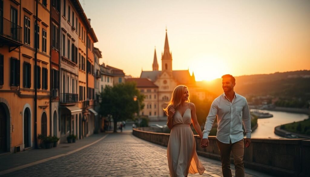 A serene European city at dusk, with warm ochre buildings lining the cobblestone streets. In the foreground, a couple strolls hand-in-hand, the woman in a flowing sundress, the man in a crisp button-down shirt. The mid-ground features a grand cathedral or historic landmark, its spires silhouetted against a glowing orange sky. In the background, lush green hills or a winding river create a tranquil, romantic atmosphere. Soft, ambient lighting casts a golden glow, and the composition is framed by a wide-angle lens to capture the picturesque setting.