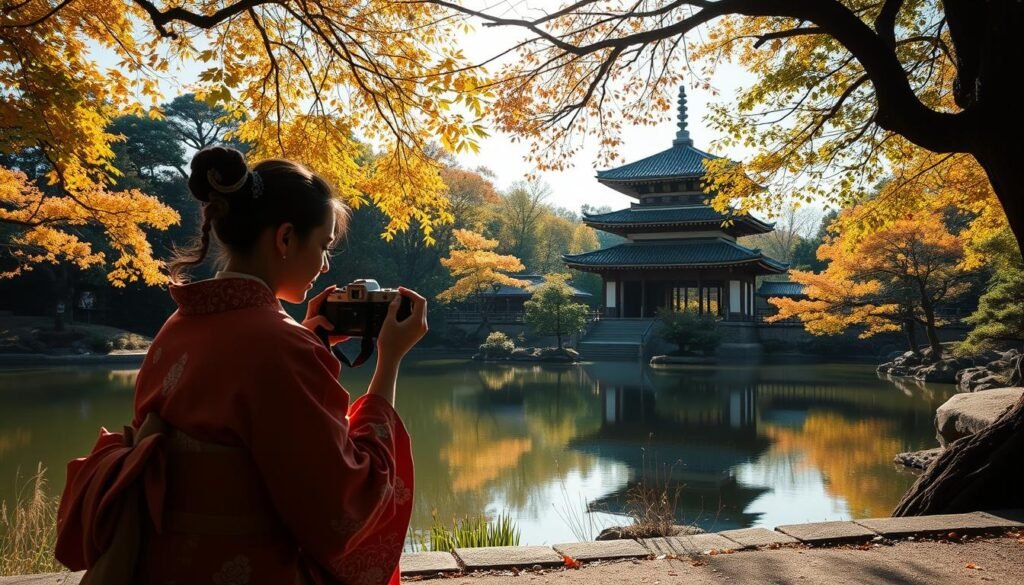A serene Japanese garden in Kyoto, its tranquil pond reflecting the pagoda-roofed temple in the background. Sunlight filters through the lush canopy of maple trees, casting a warm, golden glow over the carefully manicured landscape. In the foreground, a photographer in traditional kimono kneels, capturing the scene through the viewfinder of a vintage film camera, their focus intent and their movements deliberate. The air is filled with the gentle sound of trickling water and the rustling of leaves, creating a meditative atmosphere that invites the viewer to slow down and savor the beauty of this timeless place.