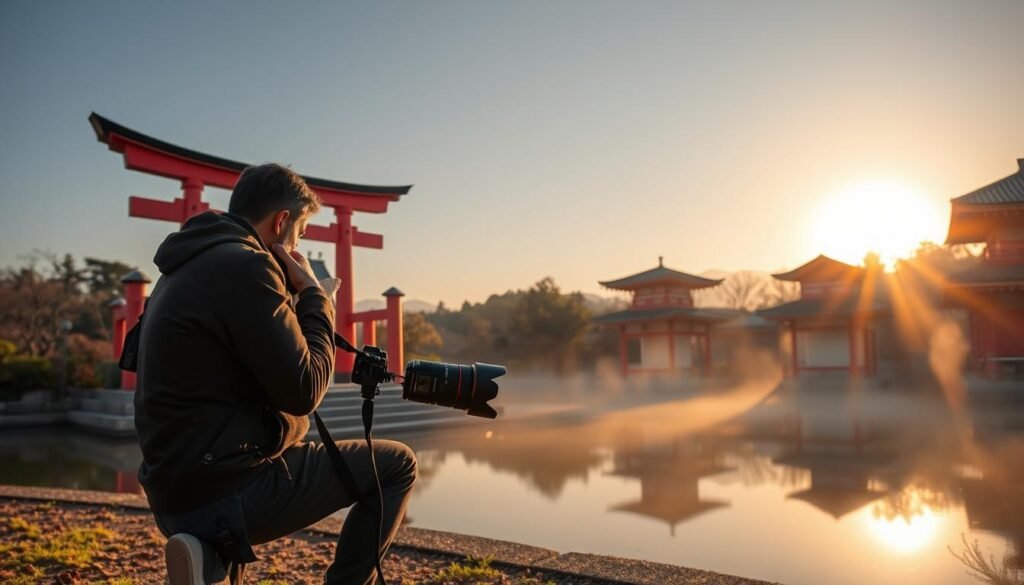 A serene Kyoto garden at golden hour, with a photographer kneeling to capture the vibrant red torii gate and the surrounding pagodas. Mist hovers over the tranquil pond, casting a soft, diffused light. The photographer wears a casual yet practical outfit, a weathered camera with a wide-angle lens poised to frame the timeless scene. Warm tones of orange and yellow accentuate the traditional Japanese architecture, while the cool blues of the sky and water create a harmonious balance. The composition showcases the photographer's skill in finding the perfect angle to highlight Kyoto's iconic landmarks during the most picturesque time of day.