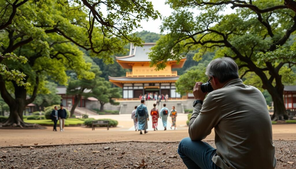 A serene Kyoto scene, where a photographer mindfully captures the essence of traditional temples and gardens. In the foreground, a photographer in casual attire crouches, their camera lens framing the iconic Kinkakuji Temple, its golden pavilion glimmering in the soft, diffused lighting. In the middle ground, visitors in colorful kimonos stroll the immaculately-kept gardens, their steps deliberate and respectful. In the background, the lush, verdant foliage of ancient trees frames the tranquil landscape, creating a sense of timelessness. The overall atmosphere is one of reverence, harmony, and a deep appreciation for the rich cultural heritage of Kyoto.