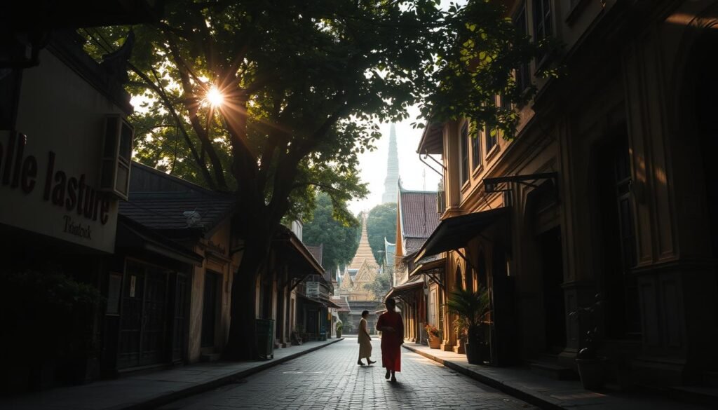 A serene alley in old Bangkok, cobblestoned streets flanked by centuries-old temples and crumbling shophouses. Soft, golden sunlight filters through the lush canopy above, casting a warm glow on the weathered facades. In the distance, the silhouette of a towering spire peaks through the foliage, a reminder of the city's storied past. A lone local in traditional garb strolls leisurely, pausing to admire the intricate architectural details that whisper of bygone eras. This tranquil snapshot captures the hidden historical gems that only the discerning eye of a true Bangkokian can uncover.