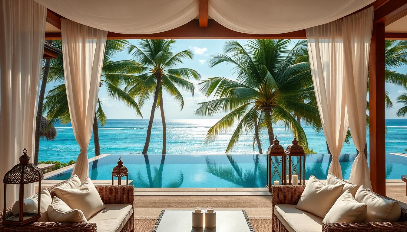 A serene beach villa set against a stunning backdrop of azure waters and lush palm trees. Sunlight filters through sheer curtains, casting a warm, inviting glow. A private infinity pool reflects the tranquil sky, beckoning for a refreshing dip. In the foreground, a plush outdoor lounge area with elegant rattan furniture invites guests to unwind in style. Exquisite details like ornate lanterns and carefully curated decor evoke a sense of luxurious, effortless living. The overall atmosphere is one of relaxation, indulgence, and the ultimate in tropical sophistication.