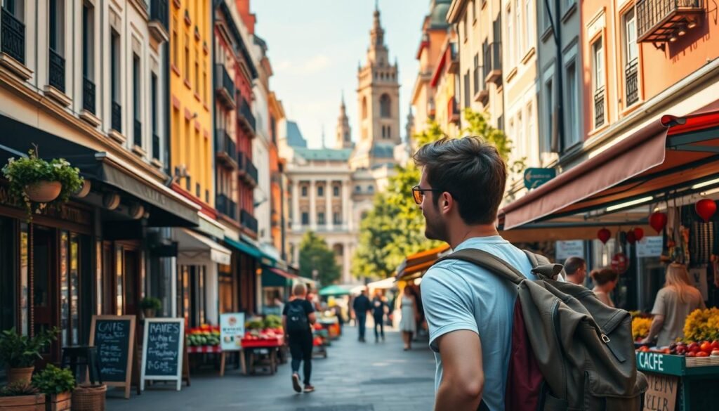 A serene city street lined with charming cafes and colorful storefronts, bathed in warm, natural lighting. In the foreground, a solo traveler strolls leisurely, backpack slung over their shoulder, taking in the sights and embracing the local culture. The mid-ground features a vibrant farmer's market, with vendors selling fresh produce and handcrafted goods. In the background, iconic landmarks and architectural wonders rise up, creating a picturesque backdrop for budget-conscious exploration. The overall mood is one of tranquility, discovery, and the freedom of independent travel.