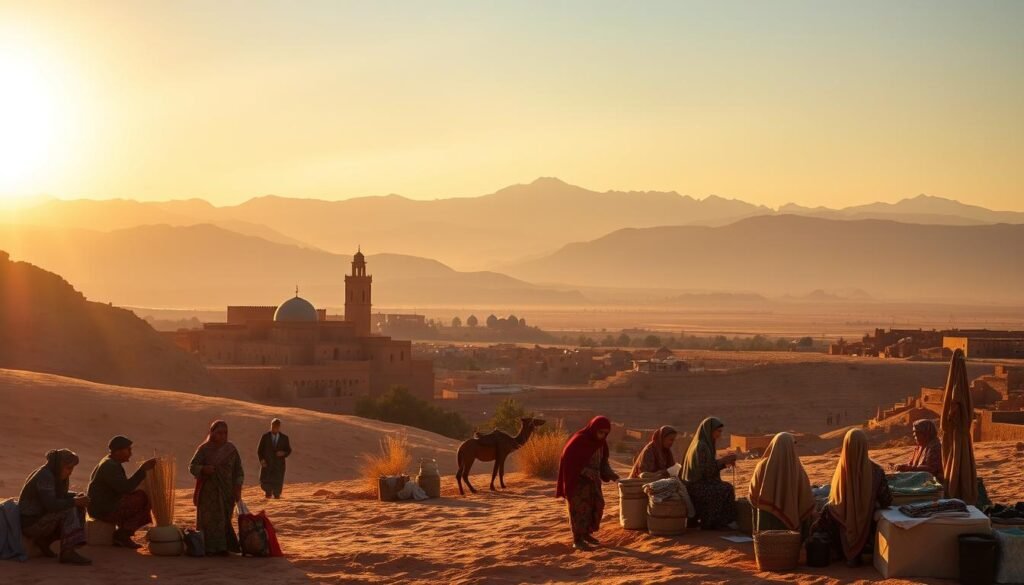 A serene desert landscape in Morocco, with the warm glow of the sun casting a golden hue over the rugged terrain. In the foreground, a group of local Berber people dressed in vibrant, traditional clothing engage in their daily activities - weaving colorful textiles, haggling at a bustling market stall, or sipping mint tea. In the middle ground, the iconic silhouettes of ancient mud-brick buildings and towering minarets rise against a clear, azure sky. Farther in the distance, the majestic Atlas Mountains loom, their snow-capped peaks hinting at the diverse climate and landscapes that await the intrepid traveler. The overall mood is one of cultural immersion, natural wonder, and the sense of timeless traditions persisting in this captivating North African destination.