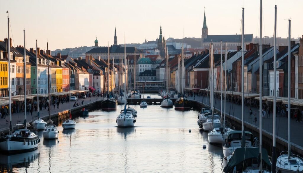 A serene, dreamlike view of Copenhagen's iconic Nyhavn waterfront, bathed in soft, golden-hour light. In the foreground, charming, colorful townhouses line the canal, their reflections dancing on the calm waters. Rows of quaint sailboats and yachts sway gently, their masts and rigging casting intricate shadows. In the middle ground, pedestrians stroll along the picturesque promenade, their casual, stylish attire blending seamlessly with the minimalist Scandinavian architecture. The distant background is dominated by the spires and rooftops of historic churches and municipal buildings, creating a harmonious, cohesive skyline. The overall mood is one of tranquility, sophistication, and timeless, effortless beauty.