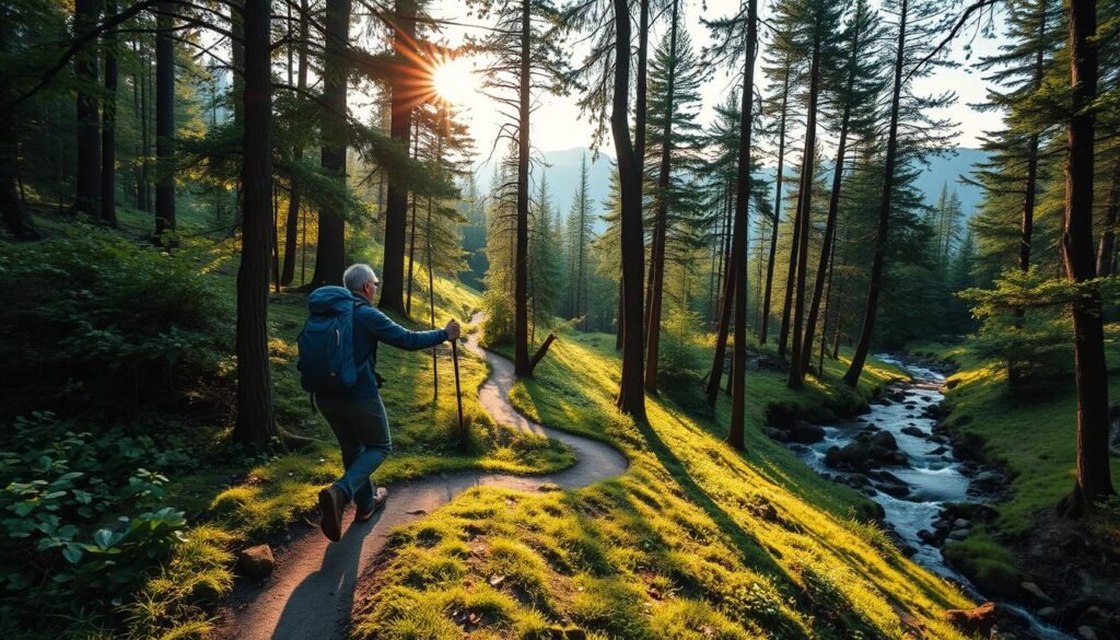 A serene forest glade at dawn, sunlight filtering through the verdant canopy. In the foreground, a hiker carefully steps along a winding trail, their backpack and hiking gear reflecting the principles of "Leave No Trace" - minimal impact, proper waste disposal, and respect for the natural environment. Distant peaks and a calm stream complete the picturesque scene, evoking a sense of harmony between the adventurer and the untamed wilderness.