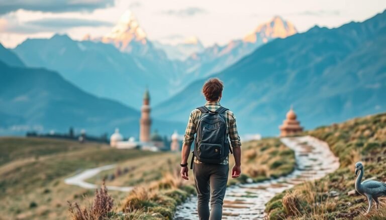 A serene landscape with a lone traveler embarking on a wanderlust journey. In the foreground, a well-equipped backpacker traverses a winding path, taking in the sights and sounds of their surroundings. The middle ground features iconic architectural structures, hinting at diverse cultural influences from around the world. In the background, majestic mountains rise up, their peaks kissed by warm, golden light, creating a sense of awe and wonder. The scene is captured through a wide-angle lens, emphasizing the vastness of the environment and the traveler's insignificance within it. The overall mood is one of adventure, exploration, and the pursuit of the unknown, capturing the essence of "Venture Beyond Borders: Inspiring International Travel Ideas."