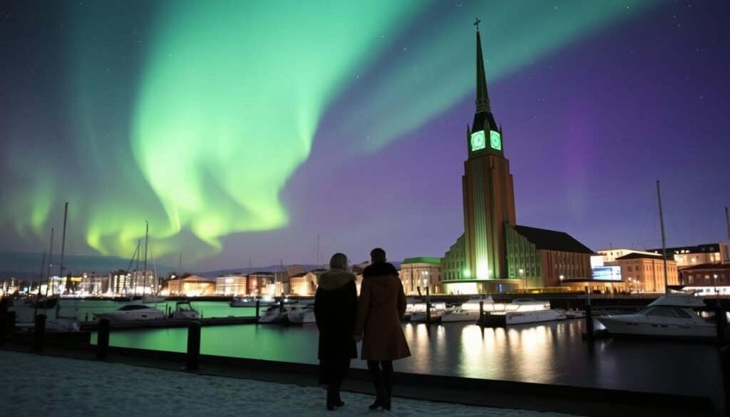 A serene night in Reykjavik, the Northern Lights dancing across the sky in a captivating display of greens, blues, and purples. The iconic Hallgrímskirkja church stands tall, its modern architecture silhouetted against the vibrant aurora. In the foreground, a couple walks hand-in-hand, bundled in warm coats, admiring the natural wonder above. The city's harbor reflects the celestial light, creating a magical atmosphere of romance and enchantment. The air is crisp, and the mood is intimate, inviting couples to bask in the beauty of this unique, winter wonderland.