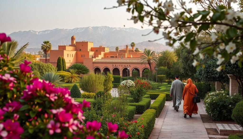 A serene spring day in the heart of Marrakesh, Morocco. In the foreground, a lush garden bursting with vibrant bougainvillea and fragrant jasmine, the air filled with the gentle hum of bees. Middle ground features a picturesque kasbah, its ochre walls and intricate tilework bathed in warm, golden light. In the distance, the majestic Atlas Mountains rise, their snow-capped peaks casting a cool, ethereal glow. Locals in traditional djellaba robes stroll leisurely, soaking in the tranquil atmosphere. Soft, diffused lighting and a shallow depth of field create a dreamlike, romantic ambiance, capturing the essence of springtime in this vibrant North African oasis.