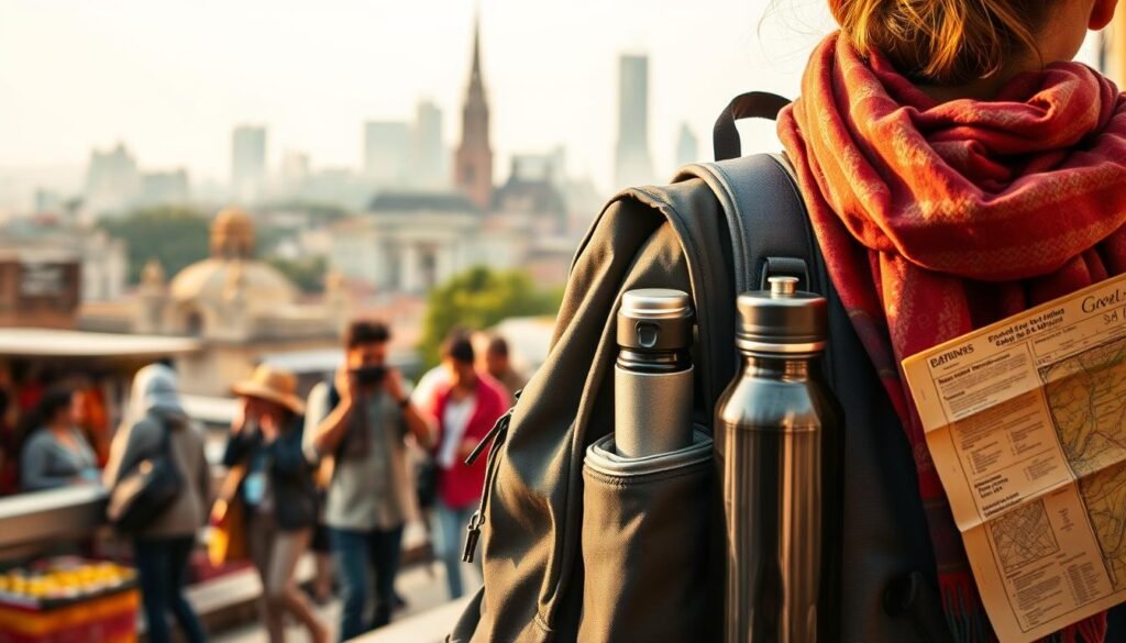 A serene travel scene unfolds against a backdrop of iconic city landmarks. In the foreground, a traveler packs a backpack, meticulously selecting budget-friendly essentials - a colorful scarf, a sturdy water bottle, and a well-worn map. The middle ground reveals locals engaged in lively street activities, from haggling at a bustling market to snapping photos of architectural gems. Warm, diffused lighting casts a golden glow, evoking a sense of adventure and discovery. The cityscape in the distance stands tall, its timeless silhouette a testament to the rich cultural heritage waiting to be explored. This carefully curated image captures the essence of budget-friendly travel - the art of making the most with limited resources, while embracing the vibrant spirit of the destination.