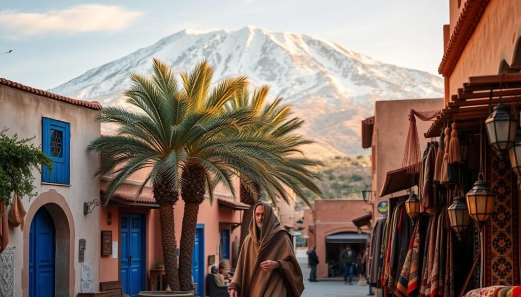 A snow-capped High Atlas mountain range in the background, with traditional Moroccan buildings in the foreground, featuring vibrant blue doors and windows. In the middle ground, a local man wearing a warm djellaba cloak strolls through a bustling souk, browsing handcrafted rugs and lanterns. The scene is bathed in a soft, golden light, capturing the cozy, intimate atmosphere of a Moroccan winter day. Lush palm trees sway gently in the breeze, adding a touch of exotic elegance to the composition.