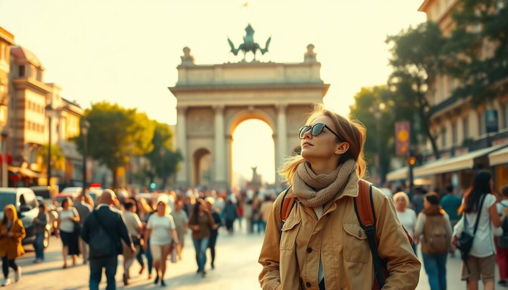 A solo traveler standing confidently in front of a grand, historic monument, dressed in comfortable yet stylish attire, contemplating their next adventure. The lighting is warm and golden, casting a serene glow on the scene. In the background, a bustling city street filled with locals and fellow adventurers, hinting at the vibrant culture and diverse experiences that await. The composition emphasizes the traveler's sense of independence and openness to the world, capturing the essence of embracing the solo travel lifestyle.
