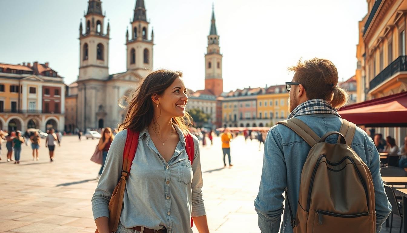 A solo traveler strolling through a picturesque city square, marveling at the towering historical monuments and vibrant architecture. The warm, golden sunlight casts a serene glow, highlighting the traveler's casual, comfortable attire as they pause to take in the scene. In the background, a bustling café terrace sets the stage for the joy of spontaneous encounters and the freedom to set one's own pace. The image evokes a sense of independence, exploration, and the pure delight of discovering the world on one's own terms.
