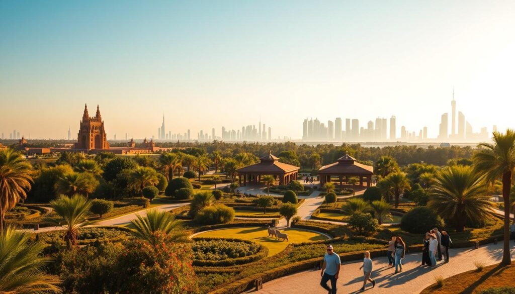 A sprawling oasis of lush greenery and diverse wildlife, Dubai Safari Park stands as a captivating family destination. In the foreground, a group of visitors wander through the meticulously curated landscapes, marveling at the majestic animals that roam freely. The middle ground showcases the park's iconic architectural elements, such as towering monuments and ornate pavilions, blending seamlessly with the natural surroundings. In the distance, the skyline of Dubai's towering skyscrapers provides a striking contrast, creating a harmonious balance between the man-made and the natural. Warm, golden sunlight bathes the scene, infusing the atmosphere with a sense of wonder and tranquility. The image conveys the park's ability to immerse visitors in a captivating, educational, and family-friendly experience, truly showcasing the best of Dubai's natural wonders.