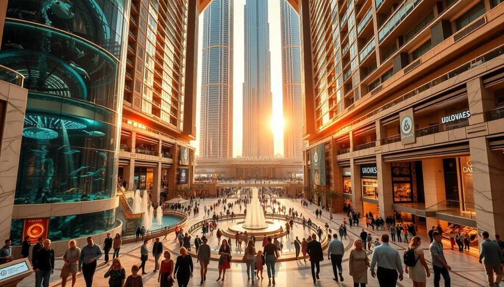 A sprawling, vibrant scene of the iconic Dubai Mall, bathed in warm, golden sunlight. In the foreground, well-dressed visitors leisurely explore the grand, marble-clad atrium, marveling at the towering aquarium and cascading water features. The middle ground showcases the mall's expansive shopping galleries, bustling with activity as people browse the upscale boutiques and international fashion brands. In the background, the towering glass facade reflects the gleaming skyscrapers of Dubai's skyline, creating a stunning architectural backdrop. The overall atmosphere exudes a sense of luxury, sophistication, and the perfect family-friendly destination.