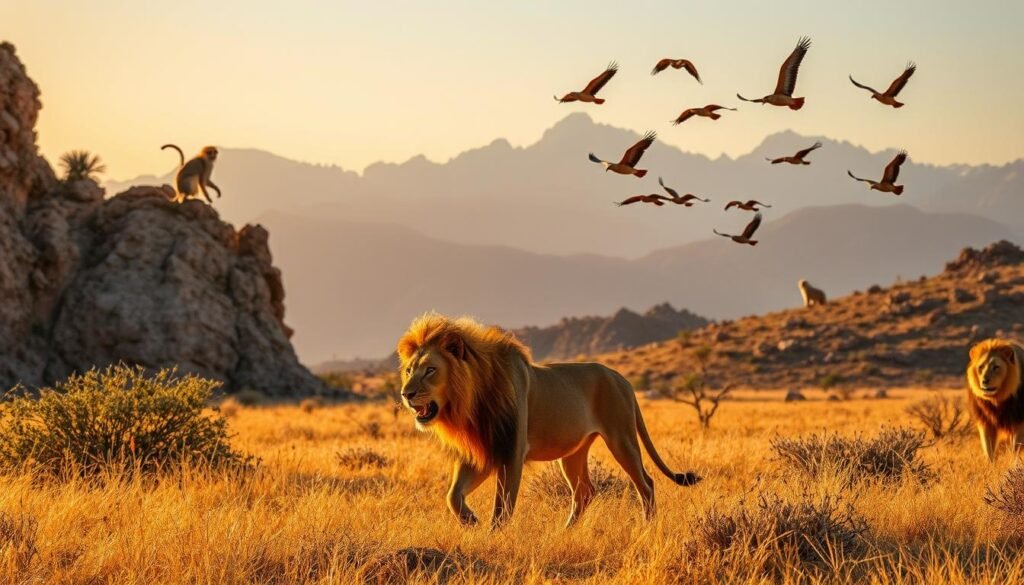 A stunning Moroccan landscape teeming with diverse wildlife. In the foreground, a majestic Atlas lion prowls through the golden savanna, its regal mane catching the warm glow of the setting sun. In the middle ground, a graceful Barbary macaque scales the rocky cliffs, its playful movements contrasting with the rugged terrain. Further back, a flock of vibrant Pharaoh eagles soar against a backdrop of the snow-capped High Atlas mountains, their wings cutting through the crisp, azure sky. The scene is filled with a sense of raw, untamed beauty, a captivating glimpse into the extraordinary natural wonders of Morocco.
