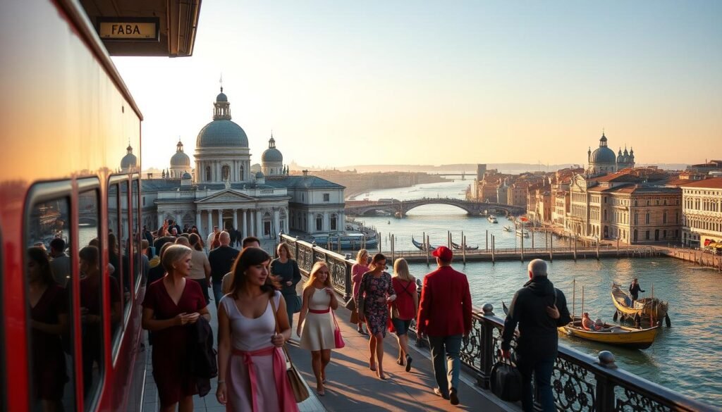 A stunning cityscape of Venice, as seen from a train pulling into the historic Santa Lucia station. The ornate Venetian architecture, with its distinctive domes and bridges, is illuminated by the warm, golden glow of the evening sun. In the foreground, commuters dressed in chic Italian fashion hurry along the bustling platform, their vibrant colors and animated gestures adding to the lively atmosphere. The middle ground features the iconic Grand Canal, with its graceful gondolas and the iconic Rialto Bridge in the distance. The background is dominated by the serene, sparkling waters of the lagoon, framed by the silhouettes of distant islands and the hazy, romantic skyline. A breathtaking scene that captures the timeless beauty and enchantment of Venice.